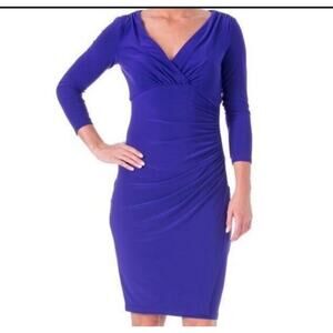EUC Ralph Lauren Purple V Neck 3/4 Sleeve Pullover Knee Length Ruching Dress 6